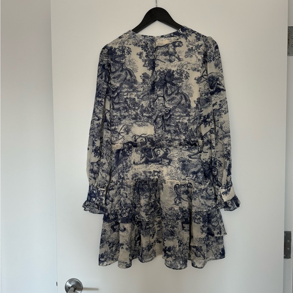 Bloomingdale’s Aqua Toile Print Ruffled Long Sleeve Dress - Picture 3 of 5